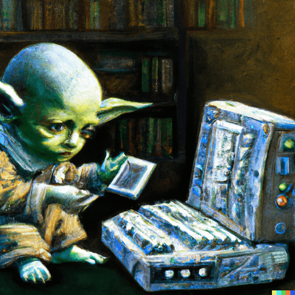 Baby Yoda at a with a computer — by Dalle