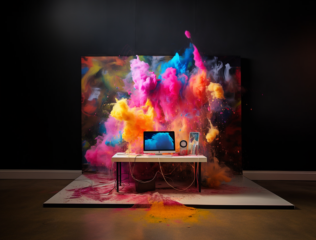 kg iphone and imac hanging by string in a gallery abstract colo f6455bac 1422 4247 82b0 5b1f1abc906a